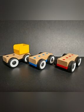 3 IKEA Lillabo Wood Toy Cars Trucks Vehicle Interchangeable Bases With Wheels